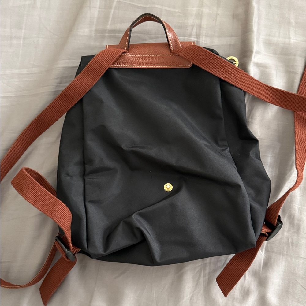 Longchamp Black Nylon Backpack with Brown Leather Trim - Picture 2 of 3
